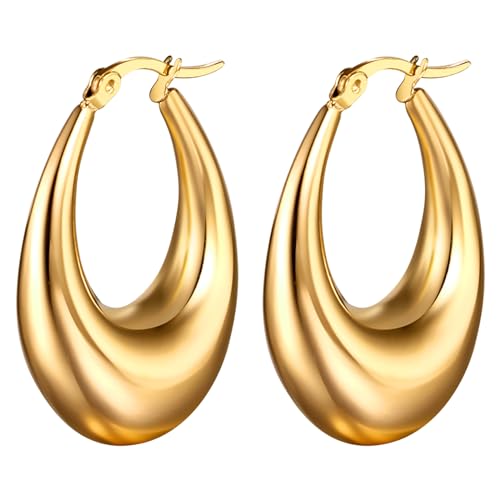 Flongo Ohrringe Gold Damen Creolen: Hoop Oval goldene rund Ohrstecker Groß Dick klobige Edelstahl Tropfen Glitzer Huggies charm chunky Reif Earrings Modeschmuck Geschenk für Frauen Mädchen