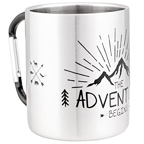 MUGSY Edelstahltasse, The Adventure Begins, Karabinerhaken Henkel, bruchfest, Camping Tasse, 280 ml, silber