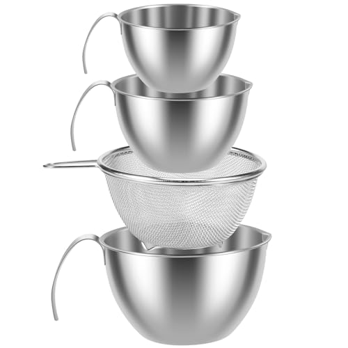 Rührschüssel-Set mit Sieb, Edelstahl, Nistschüssel mit Ausgießer und Deckel, platzsparende Salatschüsseln, 250/400/700 ml, Metall-Schalen zum Kochen, Backen, Lebensmittelzubereitung, 4-teilig