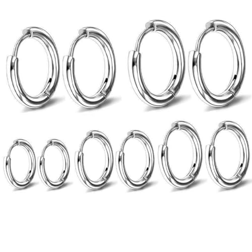 JEYORZY 5 Paare Edelstahl Creolen Ohrringe für Damen und Herren - Silberfarbene Ohrringe in Größen von 8-16mm - Kreolen für Männer und Frauen