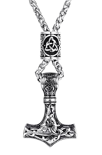 JeweBella Wikinger Thors Hammer Halskette Edelstahl Herren Thors Hammer Anhänger mit Keltischer Knoten Thors Hammer Kette Herren Wikinger Schmuck Geschenk Schwarz/Silber
