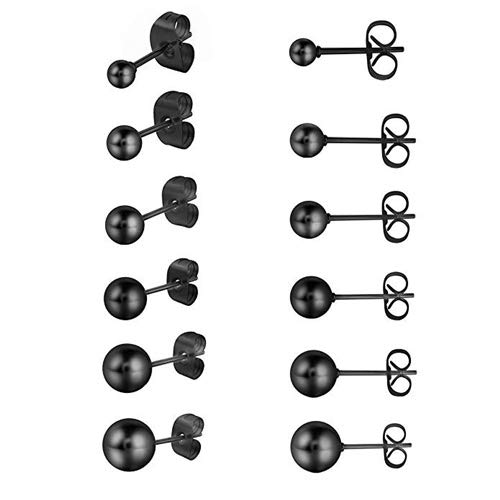 Aroncent Unisex Perle Ohrstecker Set: 6 Paar Edelstahl Imitation Perlen Kugel Ohrringe Ohr Piercing Geschenk für Herren Damen Schwarz 3mm 4mm 5mm 6mm 7mm 8mm