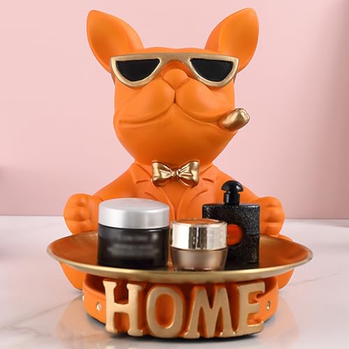 BURLOE Bulldogge Skulptur Statue Mit Tablett, Französische Butler Hunde Figuren Harz Modern Für Flur Wohnzimmer Büro Desktop Ornament Tischdekoration,Orange