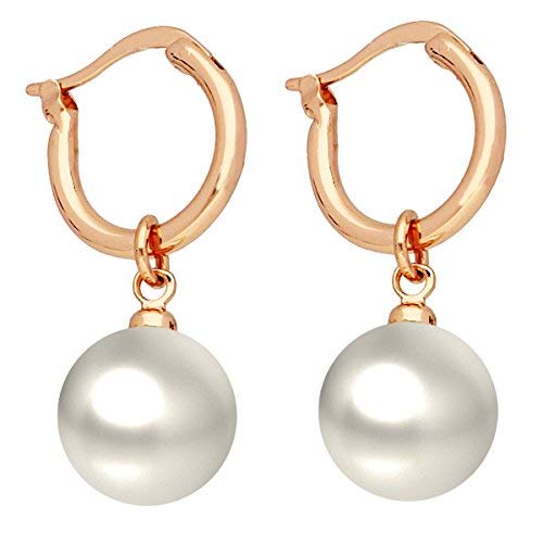 MYA art Damen Creolen Perlenohrringe Ohrhänger Ohrringe mit hängenden Perlen Perle Anhänger Edelstahl Rosegold Vergoldet Rose Gold Weiß MYARGOHR-11
