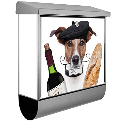 banjado® Burgwächter Briefkasten Edelstahl 38x39x12cm mit Motiv Franzose Jack Russel/Briefkasten Edelstahl ohne Zeitungsfach/Briefkasten grau/Postkasten inkl. Montagematerial & 2 Schlüsseln