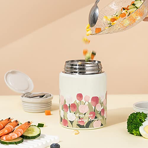 Niedlicher Isolierter Lunchbehälter für Warme Speisen 450 Ml Edelstahl-Thermoskanne für Warme Speisen mit Klapplöffel Weithals-Thermos-Lunchbox für das Schulbüro(Beige)