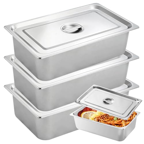 WANDGU 3 Stück 32.5x17.5x6.5cm Panier-Set aus Edelstahl: Metall Panierstraße Rechteckig, Schale zum Panieren, GN-Behälter, Rostfreier Gastronormbehälter Edelstahl, mit Deckel Panier-Set für Speisen