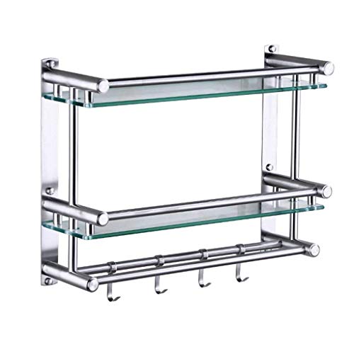 WOTZOV Regal aus gehärtetem Glas, quadratisches Badezimmerregal mit Handtuchhalter und Stange, Wandmontage, Edelstahl