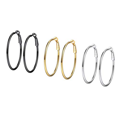 Feilok Ohrringe Set für Damen Edelstahl Runde Klapp Basic Groß Creolen Huggie Kreolen Ohrringe Hoop Klappcreolen Ohrschmuck 40mm Gold/Schwarz/Silber,3 Paar