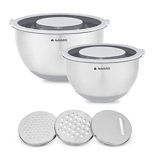 Navaris Schüssel Deckel   2x Rührschüssel Salatschüssel   inkl. 3x Reibe   Set Edelstahlschüssel Schüsselset in Grau