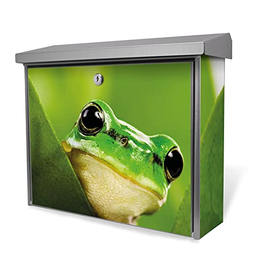 banjado® Burgwächter Briefkasten Edelstahl 38,5x31,5x12cm mit Motiv Frosch/Briefkasten Edelstahl ohne Zeitungsfach/Briefkasten grau/Postkasten inkl. Montagematerial & 2 Schlüsseln