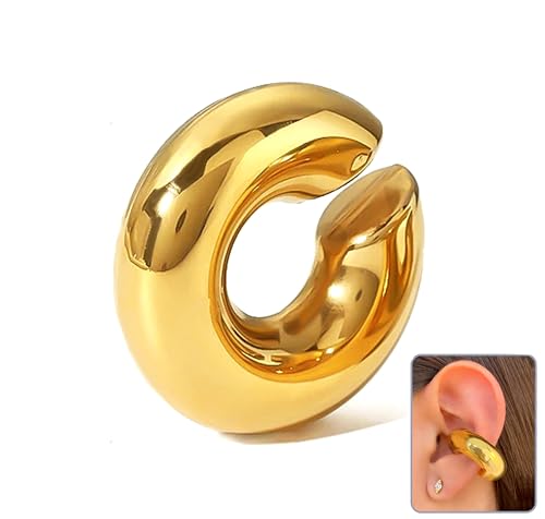 Ohrringe für Damen, große Creolen, Ear Cuff Clips, rundes Design, dick, ohne Loch, Edelstahl, vergoldet und silberfarben, Chunky Ringe, Mediano, Sterling Silber, Mondstein