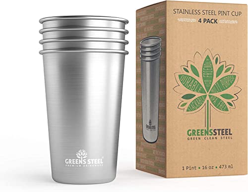 Greens Steel #1 Premium-Edelstahlbecher, 475ml Pint Becher (4 Pack) Premium-Metallbecher - stapelbare langlebige Tasse