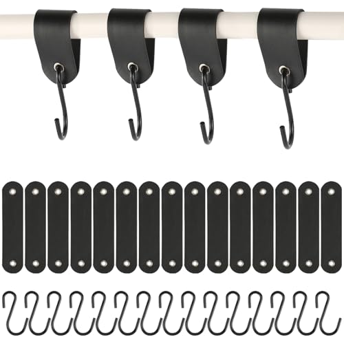 YONGQING 15 Stück Haken mit Lederschlaufe, Edelstahl S Haken Schwarz, 12,5 * 3cm Haken zum Einhängen,Kleiderhaken für Garderobe und Camping