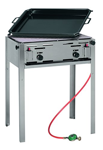 Propan-Gasgrill mit Chromnickelstahl-Gehäuse - 50 mB Druckminderer, 2 Brenner und Piezozündung, inkl. Gasschlauch und Regulator, emaillierte Bratpfanne 64 x 53 cm und Rost aus Edelstahl / Abm. Grill: 65 x 54 x 85 cm