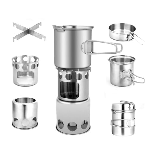HOUSN Camping Camping Topf Set Kocher Holzofen Bratpfanne Pot Portable Stapelbar Outdoor Picknick Wandern Kochgeschirr Kit,Silber