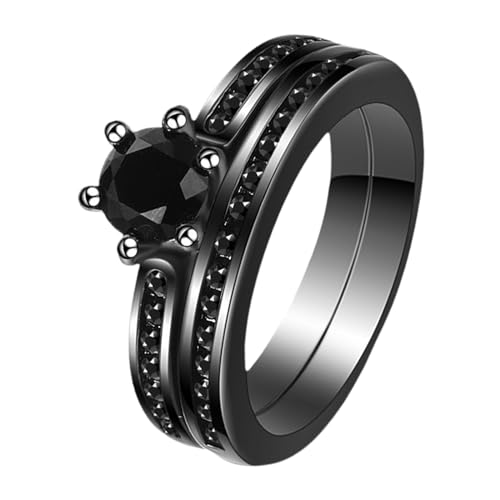 JewelryWe Ring Damen Edelstahl Solitärring: 2in1 Damen-Ring Schwarz Stapelringe mit Rundem Zirkonia Frauen Verlobungsring Ehering Versprechensring Bandring Hochzeit Band mit Gravur Größe 62
