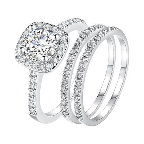 JewelryWe Verlobungsring: 3er Set Glänzende Quadratische Zirkonia Charm Eheringe Trauringe Stapelbare Versprechen Hochzeit Band Stapelringe für Frauen Silber Größe 49