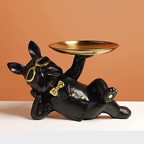 LGYKUMEG Coole Bulldogge Deko Französische Bulldogge Skulptur Hunde-Statue aus Kunstharz Welpe DekorationMit Edelstahl Tablett Für schlüssel Organizer süßigkeiten aufbewahrungsbox,Schwarz
