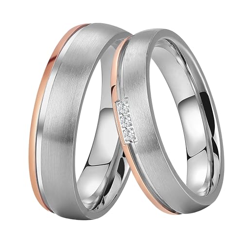 DOOSTI Paar Ringe Set für Damen Herren Partnerring Edelstahl Bicolor Silber Rosegold ohne/mit Zirkonia Ehering Trauring Freundschaftsring Hochzeit Ringe Frau Mann (Damenring, 66 (21.0))