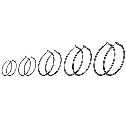 JewelryWe Schmuck 5 Paar Creolen Ohrringe Set Edelstahl Groß Rund Hängend Huggie Ohrringe Ohrhänger für Damen Mädchen, Durchmesser 30 40 50 60 70 mm, Schwarz
