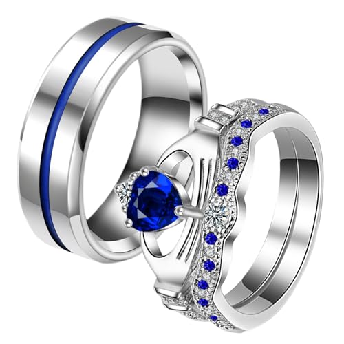 JewelryWe Paar: Blau Rille Herz Zirkonia Claddagh Krone Stapelbar Pärchen Trauringe Partnerringe Freundschaftsringe Verlobungsringe Hochzeit Band Gravur