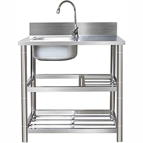 Esszimmer Spüle im Freien Freistehende Edelstahlspüle Commercial Spüle Schrank Küche Gemüse Spüle 3-Schicht Aufbewahrungsregal,100X50X80CM
