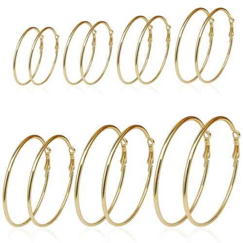 EAVUYIS 7 Paar Große Creolen, Dünne Edelstahl Ohrringe Damen Mädchen Groß Creolen Silber 925 Vergoldetes Set Groß Edelstahl Creolen für Frauen, 25mm/30mm/40mm/50mm/60mm/70mm/80mm (Gold)