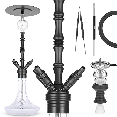 Premium Shisha Praedo 2.0 Komplett Set - 4x 18/8er Schlauchanschluss und Klicksystem an der Base - Tauchrohr aus Edelstahl - Closed Chamber System - Inklusive Molassefänger (Schwarz)