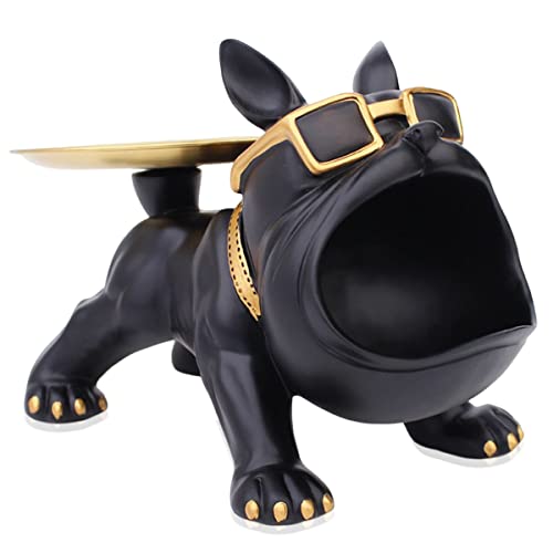 Coole Bulldogge Deko Französische Bulldogge Skulptur Hunde-Statue Aus Kunstharz Welpe DekorationMit Edelstahl Tablett Für Schlüssel Organizer Süßigkeiten Aufbewahrungsbox Tischdekoration (Color : Sch