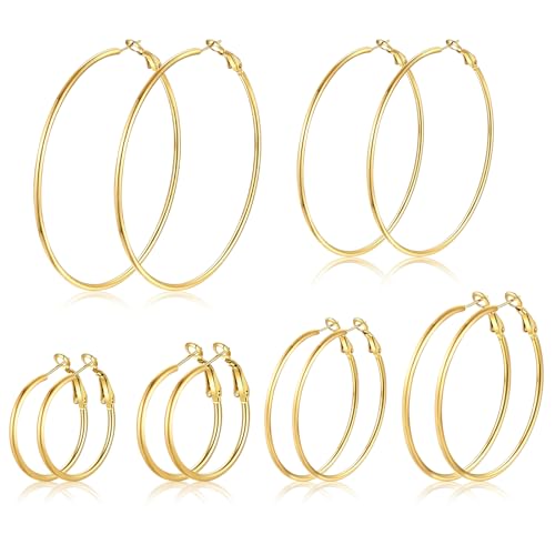 6 Paar Silberne Creolen, Große Creolen Silber für Damen aus 316L Edelstahl Ohrringe Hypoallergen Ohrringe Dünne Silberne 30/40/50/60/70/80 mm (Gold)