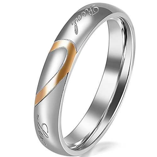JewelryWe Ring Damen Herz Edelstahl: Damen-Ring mit Gravur Real Love Herz Partnerringe Freundschaftsringe Eheringe Verlobung Hochzeit Band Gold Silber Größe 67 - mit Geschenk Tüte