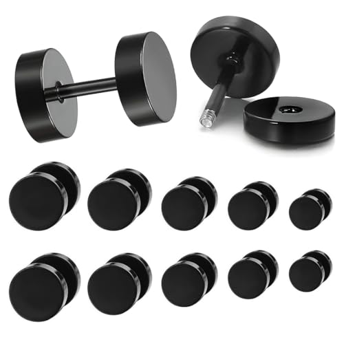 OQKAHIV 5 Paar schwarze Fake Plugs Ohrringe, Edelstahl Fakeplugs in verschiedenen Größen (6-12mm), Nickelfrei, perfekt für Männer, Frauen, Creolen Ohrschmuck für jedes Outfit