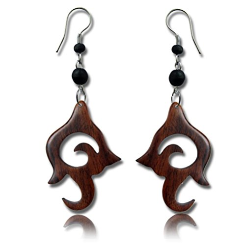 CHICNET Tribal Ohrringe Narraholz Spiralornament Dunkelbraun Schwarze Perlen Edelstahl