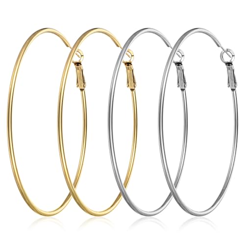 4 Paar Creolen Gold Groß, Ohrringe Set, 70 mm Gold Ohrringe Große Kreis Ohrschmuck Edelstahl Hoop Earrings Dick Silberne Creolen für Damen Herren Geschenk