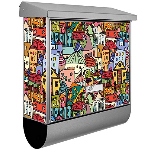 banjado® Burgwächter Briefkasten Edelstahl 38x39x12cm mit Motiv Funky Town/Briefkasten Edelstahl ohne Zeitungsfach/Briefkasten grau/Postkasten inkl. Montagematerial & 2 Schlüsseln